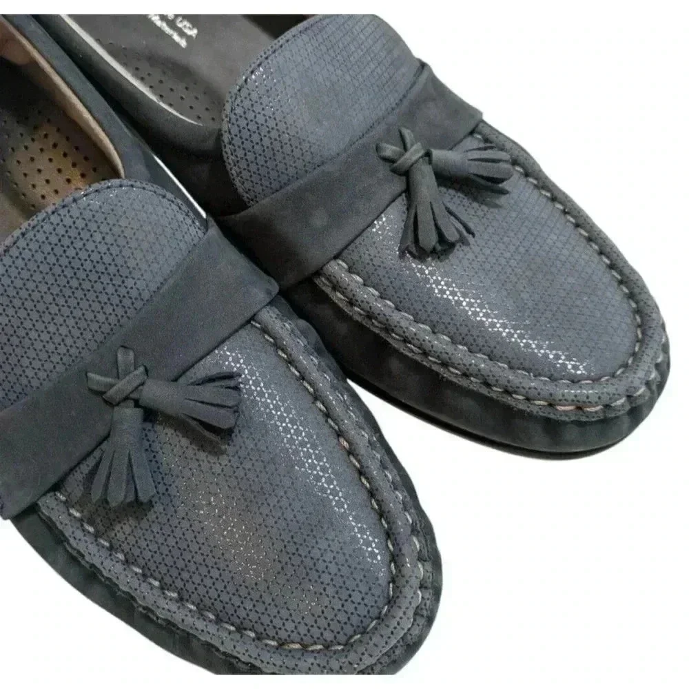 SAS Taylor Slip On Wedge Size 10N 10 Narrow Jeans Blue Suede Tassel Comfort